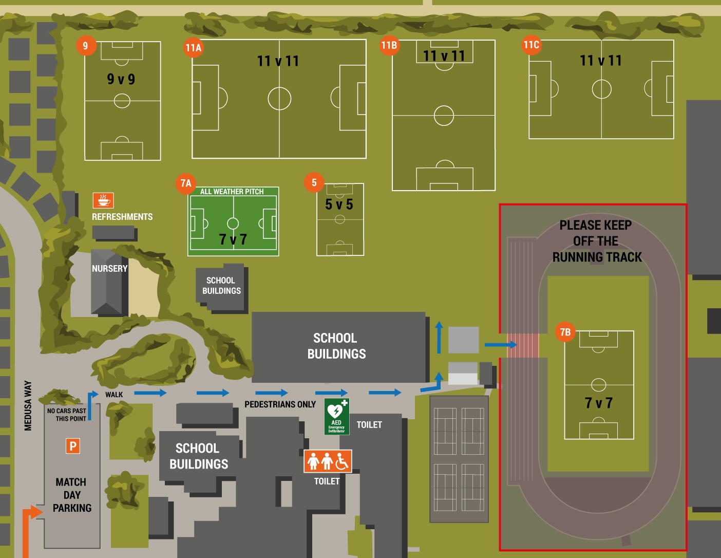 Map of pitch layouts playing field at Sandy Secondary School